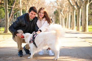 Young caucasian couple playing with their dog in a park. Family.