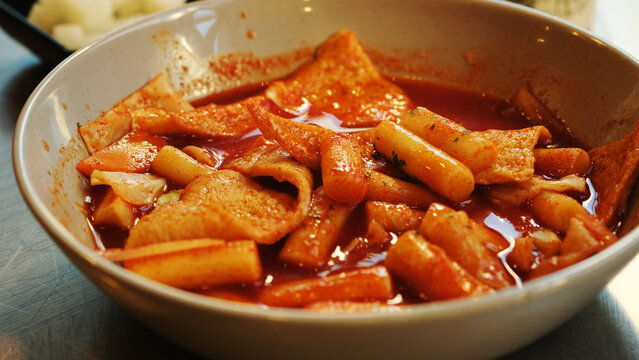 Korean spicy tteokbokki on a bowl. Korean food.