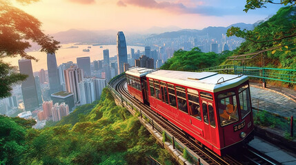 Fototapeta premium a red train is running in hill railway leaving city behind.Generative Ai