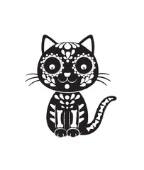 Cute cartoon style illustration of a cat in traditional Day of the Dead Mexican style design