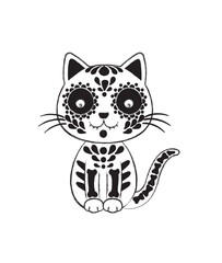 Cute cartoon style illustration of a cat in traditional Day of the Dead Mexican style design