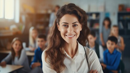 Obraz premium Pretty smiling female teacher looking at camera, kids on background in classroom at the elementary school.