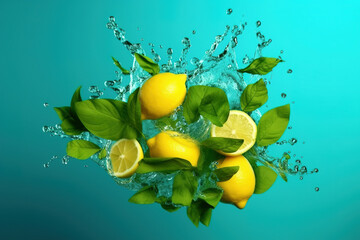 Fresh juicy lemons and mint leaves in pure water splash, isolated on cyan background