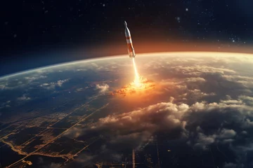 Poster Rocket launch over the planet Earth, view out of space  © Cheport