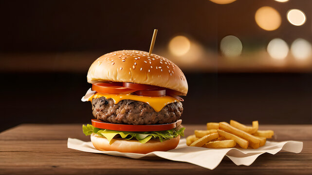 Max Burger: Tomato, Lettuce, Bacon, Egg and Cheddar Cheese on a Freshly Baked Homemade, Isolated on a wooden table