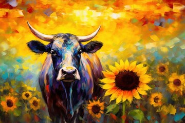 Nguni Bull Buffalo made of oil paint modern art with sunflower Generative AI.