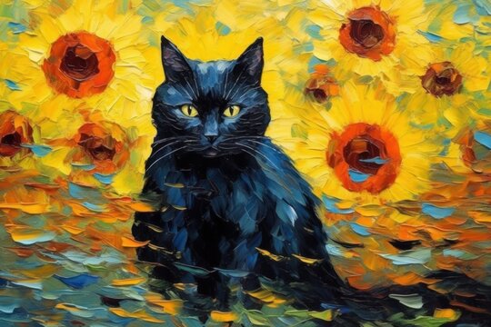 Black Cat made of oil paint modern art with sunflower Generative AI.