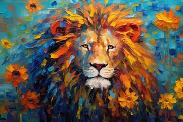 Lion made of oil paint modern art with sunflower Generative AI. - obrazy, fototapety, plakaty