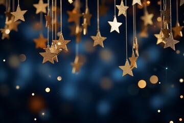 Abstract Christmas background with gold stars garland is hanging upon