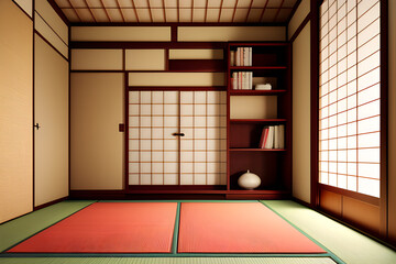 Nihon room design interior with door paper and cabinet shelf wall on tatami mat floor room japanese style. 3D rendering. Interior of a house