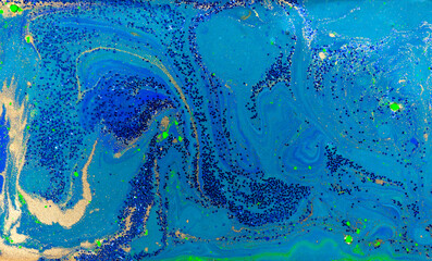 Marbled Blue Abstract Background. Liquid Marble Pattern with Gold Powder.