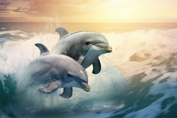 Naklejka premium two dolphins swimming in water