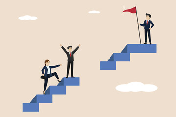 Skill gap, employee knowledge discrepancy, career problems or talent barriers, business people climb the ladder to find threshold gaps to achieve goals.