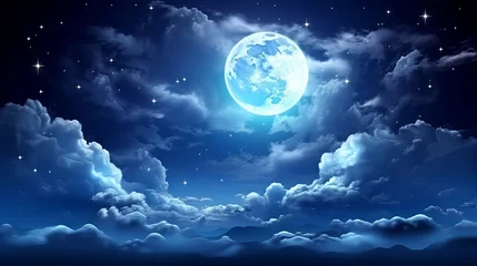 Papier Peint photo Pleine lune Captivating full moon illuminating clouds and stars in night sky, sky with moon and clouds