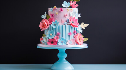 Girly Pink and Blue Birthday Cake on a Stand