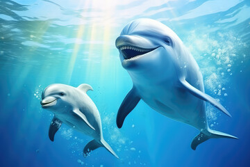Fototapeta premium two dolphins swimming in water