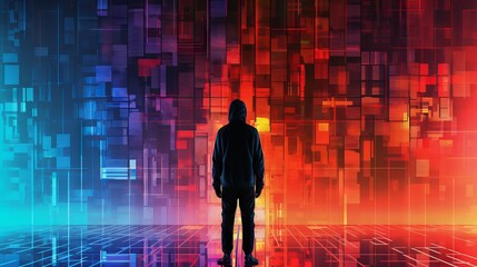 Silhouette in front of cyber color block - futuristic human figure concept