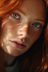 A fiery redheaded woman stares intently, her skin illuminated by the sun, her freckles dancing across her face, her lips and eyes full of mystery and emotion