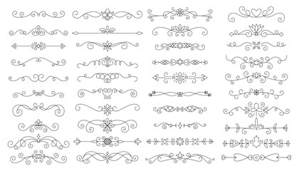 Flourish calligraphic design elements set. Vintage swirls and scrolls for page decoration. Ornate symbols for retro design frames and invitations