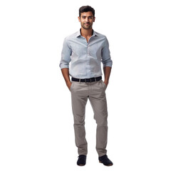 Casual cloth front view closeup of an Indian male model with an isolated transparent background.