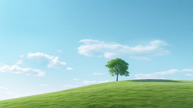A lone tree on top of a green hill, in the style of light sky-blue and light green, anti-clutter, minimalist designs, Villagecore, 32k UHD, naturalist aesthetic