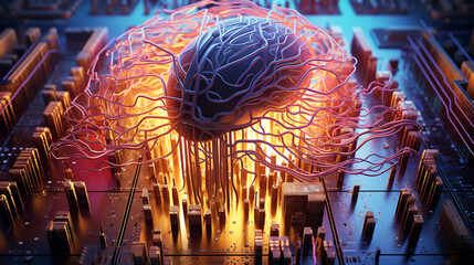 Futuristic AI Fusion: Human Mind Melds with Electronic Microcircuit
