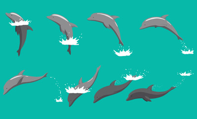 Dolphin jumping out of water animation. Illustration of dolphin performing an acrobatic jump in the ocean. Great for marine life or summer vacation designs