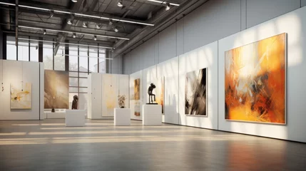 Foto auf Acrylglas An art gallery with beautiful paintings displayed on minimalist white walls. © radekcho