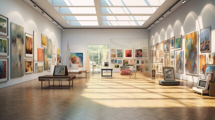 An art gallery with beautiful paintings displayed on minimalist white walls. - obrazy, fototapety, plakaty