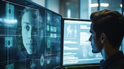 a person using a biometric authentication system for enhanced cybersecurity. The scene shows the person's hand placed on a fingerprint scanner or their face being recognized by a facial recognition