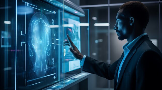 a person using a biometric authentication system for enhanced cybersecurity. The scene shows the person's hand placed on a fingerprint scanner or their face being recognized by a facial recognition
