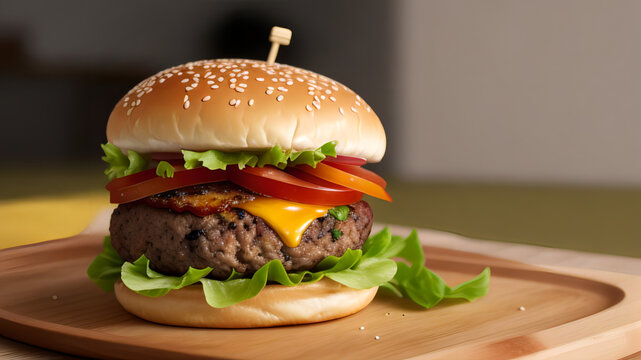 Max Burger on Wooden Plate - Tomato, Lettuce, Bacon, Egg, Cheddar Cheese - Freshly Baked Homemade Joy