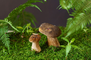 Several porcini mushrooms in the forest under fern leaves.