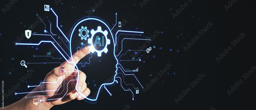 Poster Close up of business man hand pointing at glowing head outline with ai circuit and other icons on wide black background with mock up place. Artificial intelligence and chat gpt concept.