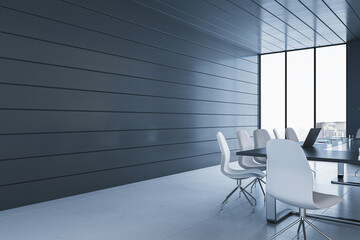 Clean blue plank conference room interior with table, chairs and panoramic window with city view....