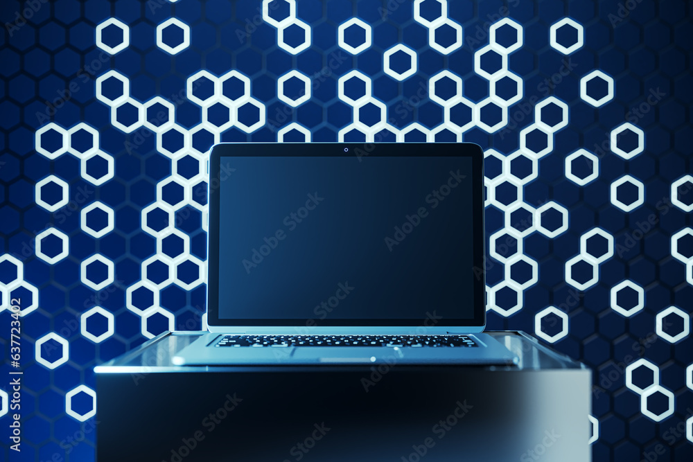 Poster Empty laptop screen on pedestal with mock up place and blue hexagonal background. Creative presentation concept. 3D Rendering.