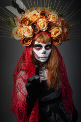 Catrina Drag Queen Studio portrait. Colorful portrait of catrina. Makeup for halloween or day of the dead.