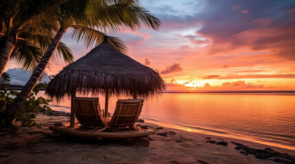 Tropical desert island with a hut on the beach at sunset