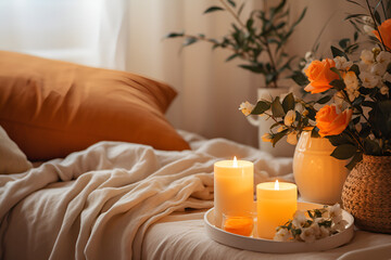 Warm Bedroom Ambiance with Orange Candles and Flowers