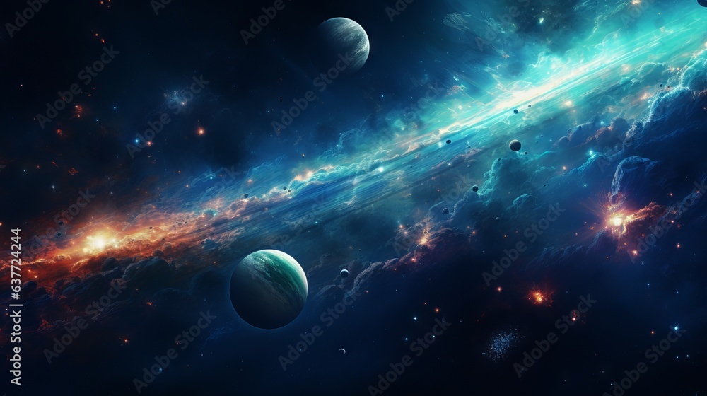 Poster vibrant abstract space background with cosmic planets and celestial elements