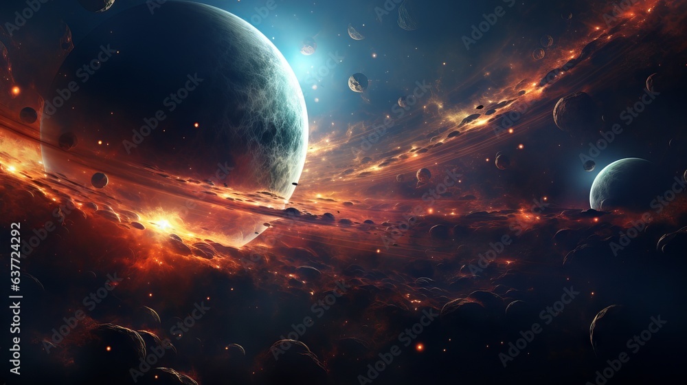 Poster vibrant abstract space background with cosmic planets and celestial elements