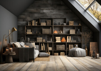 Attic with boxes and trunks in gray color scheme
