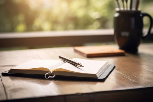 A coffee cup is placed on the table there is a book on the side simple scene Generative AI.