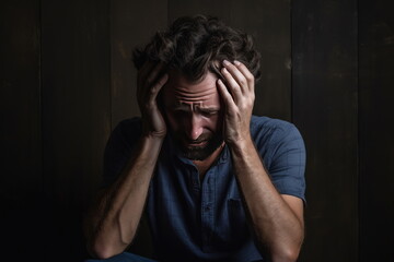 Sad man holding head with hand, disappointed