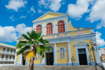 Colonial Yellow Building of the St Peter and Paul Cathedral under the Blue Sky, Guadeloupe
