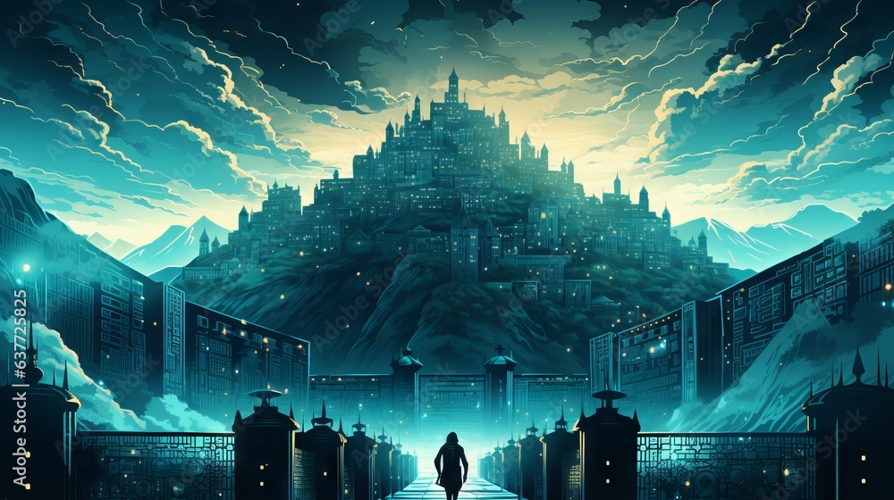 Poster futuristic cybersecurity illustration: protecting sensitive data with digital fortress and encrypted