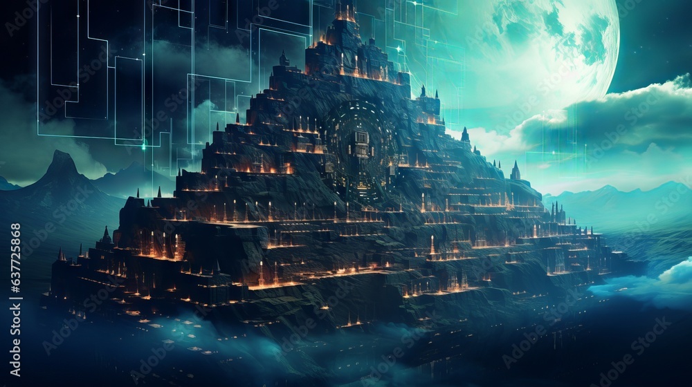Poster futuristic cybersecurity illustration: protecting sensitive data with digital fortress and encrypted