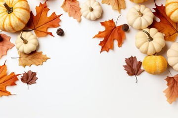 Pumpkins and Dried Leaves on White Background Space for Copy Halloween Autumn