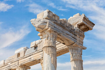 Temple of Apollo in Side (Turkey). Close up fragment of the entablature of the ruined temple....