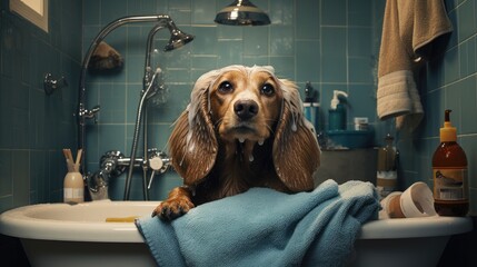 A dog is sitting in a bathtub with a blue towel